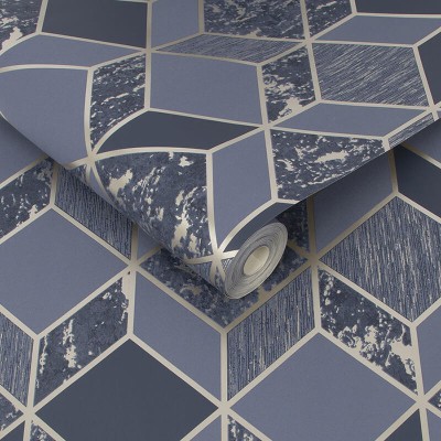 Granatowa tapeta geometryczna w złote wzory 107964 2